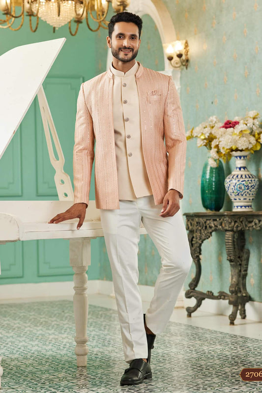 Art Silk Jodhpuri Suit With Thread Embroidery Work In Peach Colour