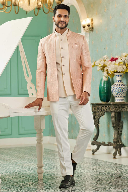 Art Silk Jodhpuri Jacket With Thread Embroidery Work In Peach Colour