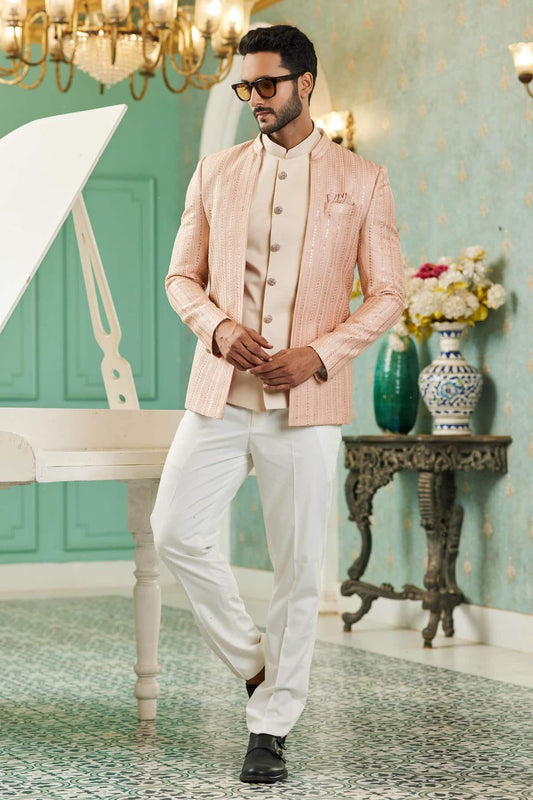 Art Silk Jodhpuri Suit With Thread Embroidery Work In Peach Colour