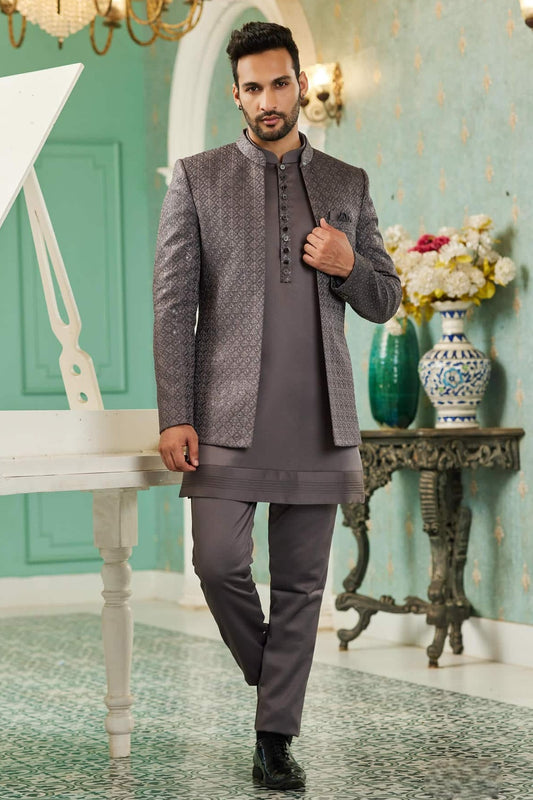 Art Silk Jodhpuri Set With Thread Embroidery Work In Light Grey Colour
