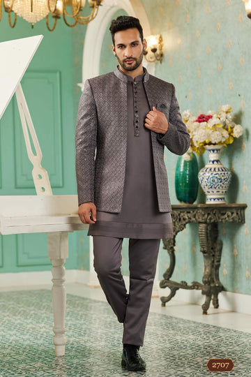 Art Silk Jodhpuri Suit With Thread Embroidery Work In Light Grey Colour