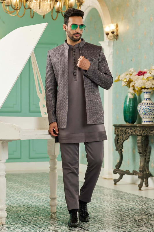 Art Silk Jodhpuri Suit With Thread Embroidery Work In Light Grey Colour
