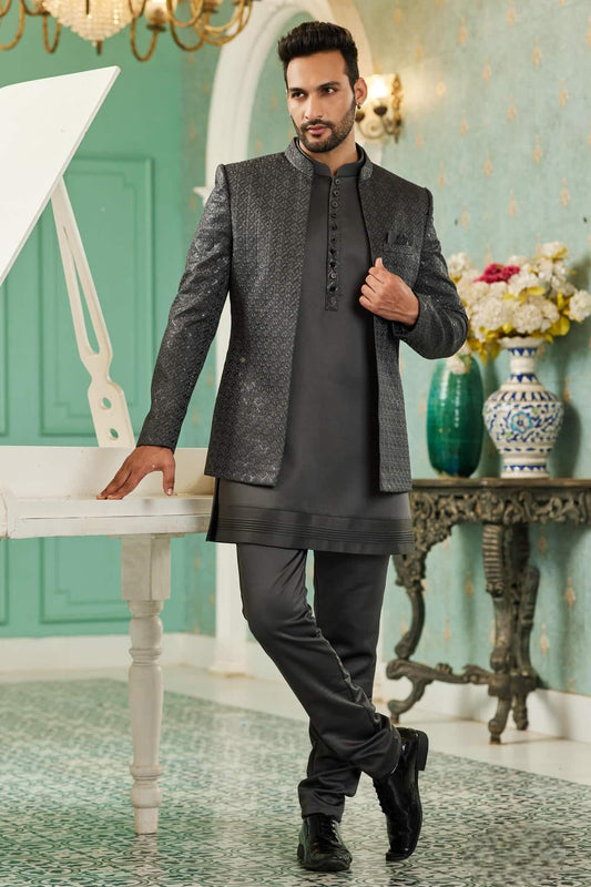 Art Silk Jodhpuri Set With Thread Embroidery Work In Dark Grey Colour