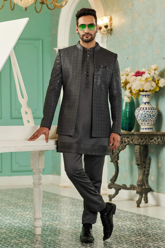 Art Silk Jodhpuri Suit With Thread Embroidery Work In Dark Grey Colour