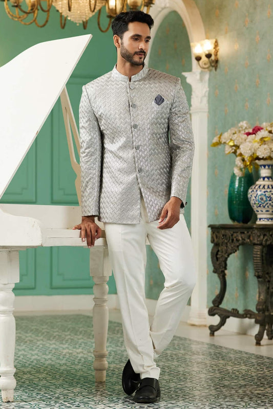 Art Silk Jodhpuri Jacket With Thread Embroidery Work In Grey Colour