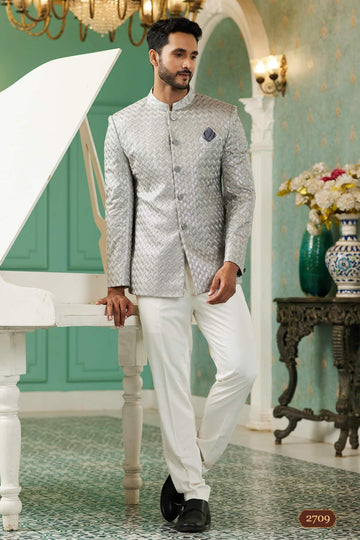 Art Silk Jodhpuri Suit With Thread Embroidery Work In Grey Colour