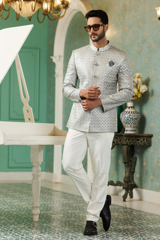 Art Silk Jodhpuri Suit With Thread Embroidery Work In Grey Colour
