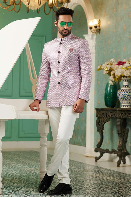 Art Silk Jodhpuri Suit With Thread Embroidery Work In Onion Pink Colour