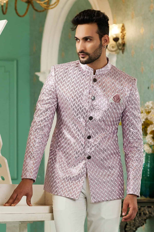 Art Silk Jodhpuri Jacket With Thread Embroidery Work In Onion Pink Colour