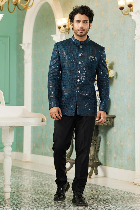 Art Silk Jodhpuri Jacket With Thread Embroidery Work In Teal Green Colour