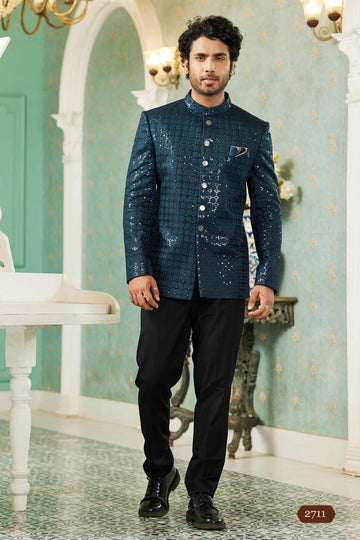 Art Silk Jodhpuri Suit With Thread Embroidery Work In Teal Green Colour
