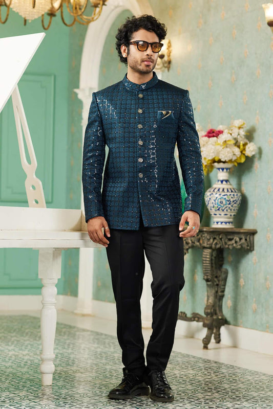 Art Silk Jodhpuri Suit With Thread Embroidery Work In Teal Green Colour