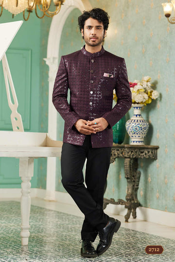 Art Silk Jodhpuri Suit With Thread Embroidery Work In Wine Colour