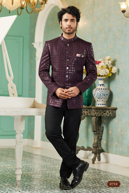 Art Silk Jodhpuri Suit With Thread Embroidery Work In Wine Colour