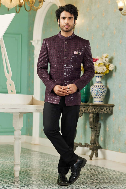 Art Silk Jodhpuri Jacket With Thread Embroidery Work In Wine Colour