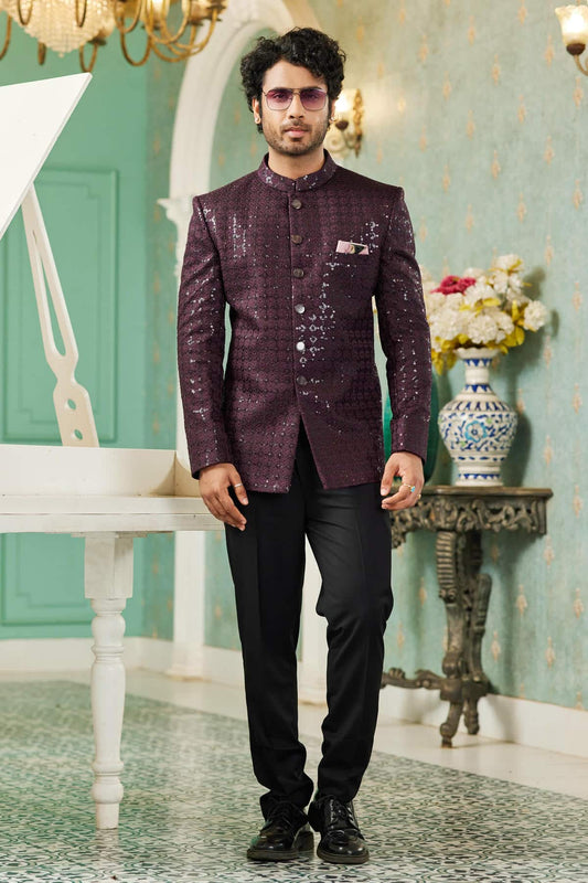 Art Silk Jodhpuri Suit With Thread Embroidery Work In Wine Colour