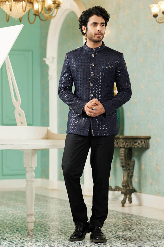 Art Silk Jodhpuri Jacket With Thread Embroidery Work In Navy Blue Colour