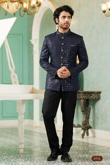 Art Silk Jodhpuri Suit With Thread Embroidery Work In Navy Blue Colour
