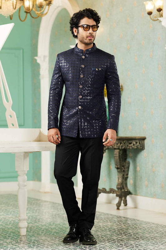 Art Silk Jodhpuri Suit With Thread Embroidery Work In Navy Blue Colour