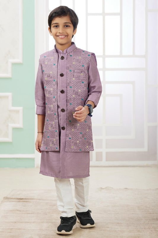Art Silk Onion Colour Thread Embroidery Work 3 Pcs Jacket Set