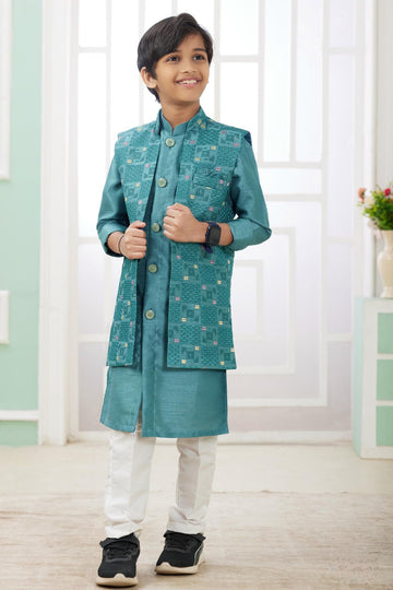 Art Silk Green Colour Thread Embroidery Work 3 Pcs Jacket Set