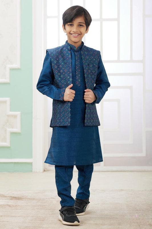 Art Silk Blue Colour Thread Embroidery Work 3 Pcs Jacket Set
