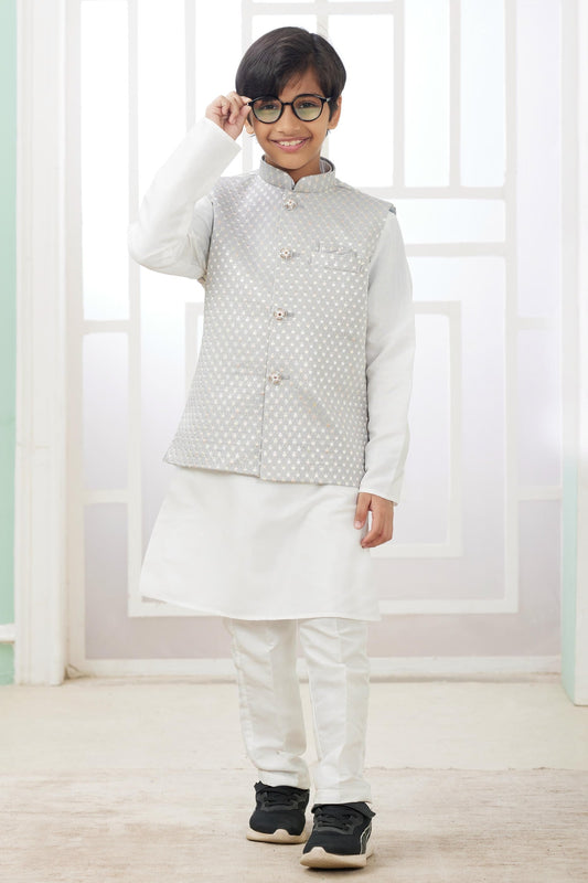 Art Silk Grey Colour Thread Embroidery Work 3 Pcs Jacket Set
