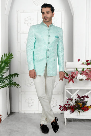 Thread Work Jacquard Silk Jodhpuri Suit In Firozi Green Colour For Men