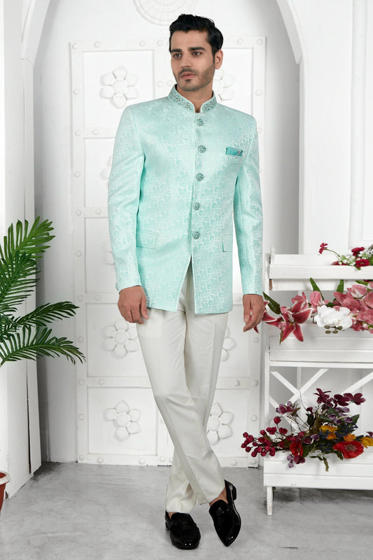 Thread Work Jacquard Silk Jodhpuri Suit In Firozi Green Colour For Men