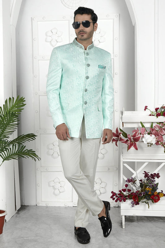 Thread Work Jacquard Silk Jodhpuri Suit In Firozi Green Colour For Men
