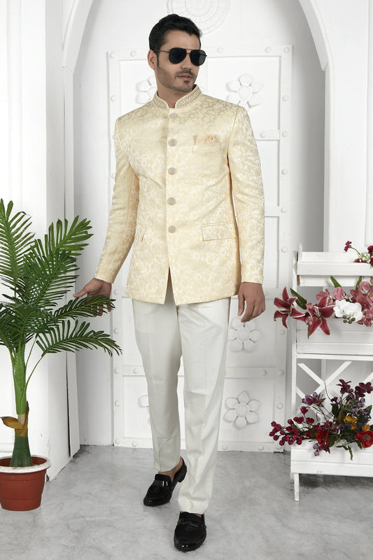 Thread Work Jacquard Silk Jodhpuri Suit In Beige Colour For Men