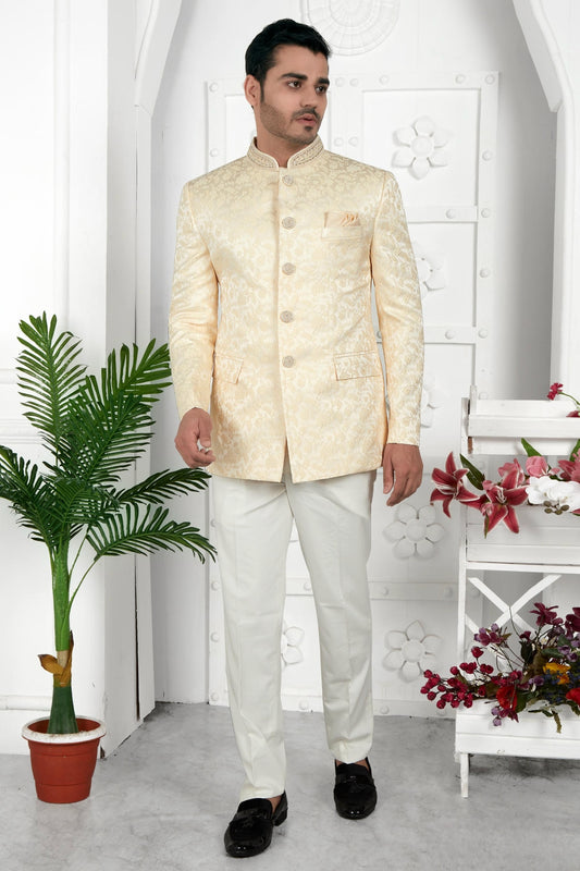 Thread Work Jacquard Silk Jodhpuri Suit In Beige Colour For Men