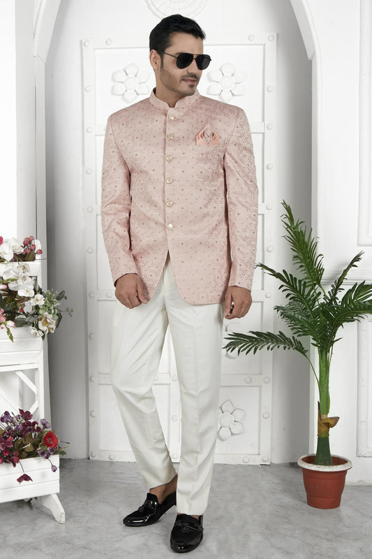 Thread Work Art Silk Jodhpuri Suit In Peach Colour For Men
