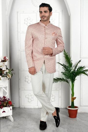 Thread Work Art Silk Jodhpuri Suit In Peach Colour For Men