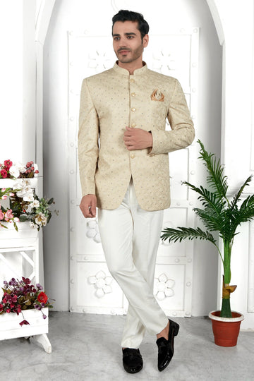 Thread Work Art Silk Jodhpuri Suit In Pista Green Colour For Men
