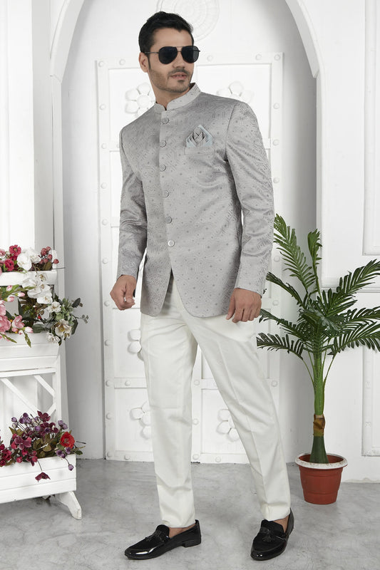 Thread Work Art Silk Jodhpuri Suit In Grey Colour For Men