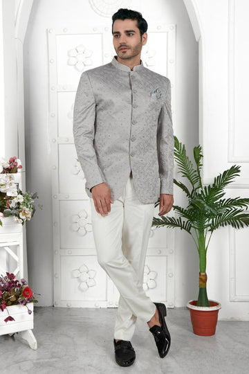 Thread Work Art Silk Jodhpuri Suit In Grey Colour For Men
