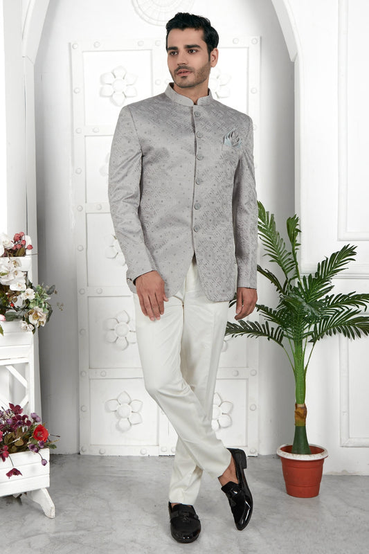Thread Work Art Silk Jodhpuri Suit In Grey Colour For Men