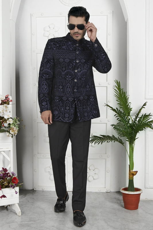Thread Work Velvet Jodhpuri Suit In Blue Colour For Men