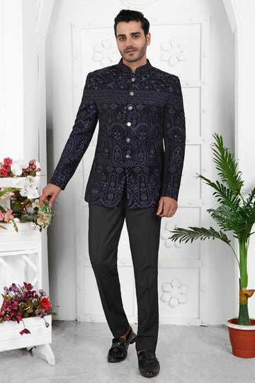 Thread Work Velvet Jodhpuri Suit In Blue Colour For Men