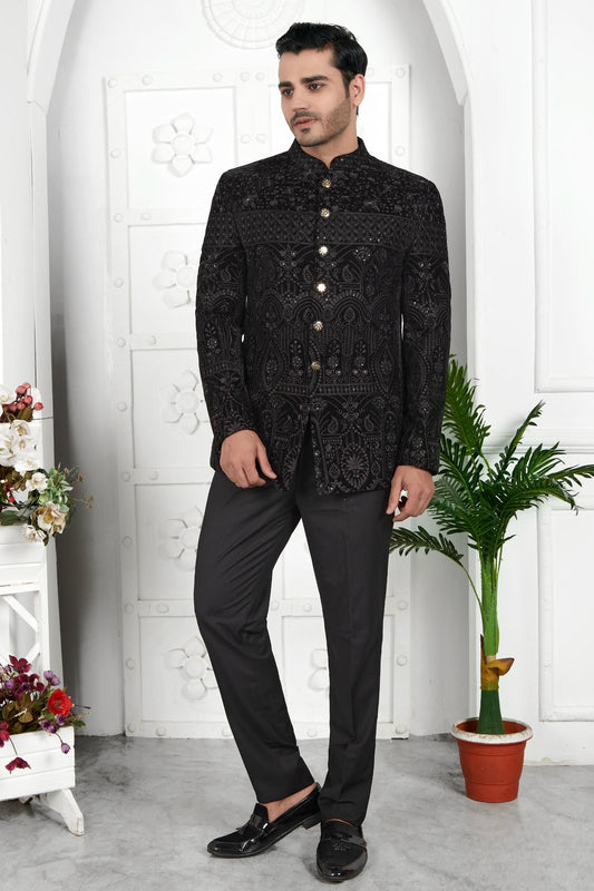 Thread Work Velvet Jodhpuri Suit In Black Colour For Men