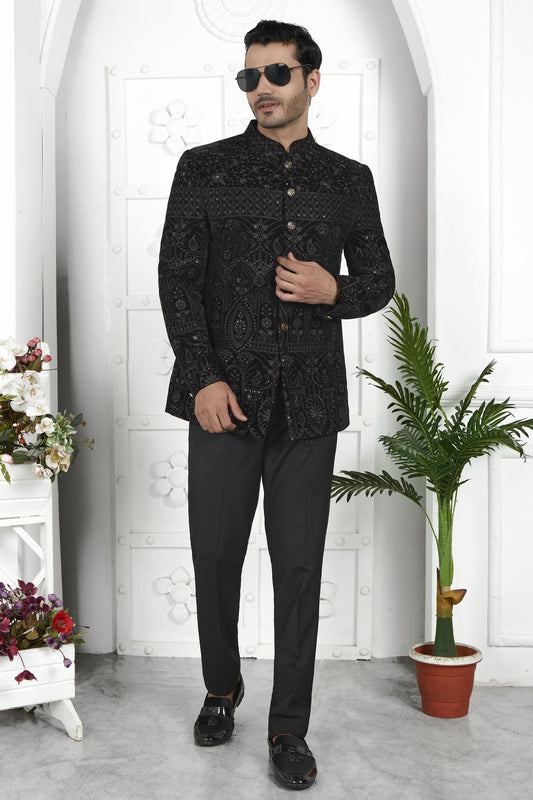 Thread Work Velvet Jodhpuri Suit In Black Colour For Men