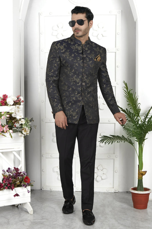 Thread Work Jacquard Silk Jodhpuri Suit In Black Colour For Men