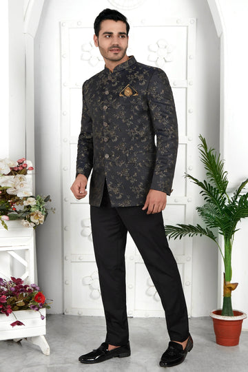Thread Work Jacquard Silk Jodhpuri Suit In Black Colour For Men