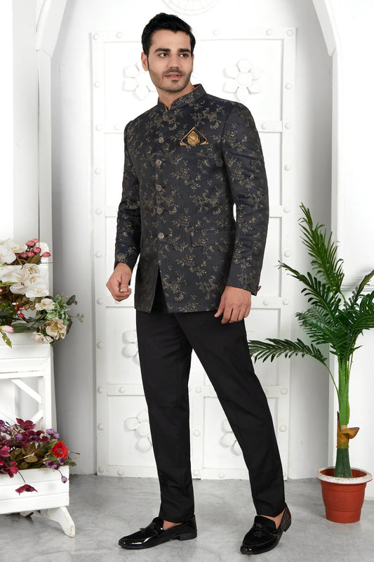Thread Work Jacquard Silk Jodhpuri Suit In Black Colour For Men