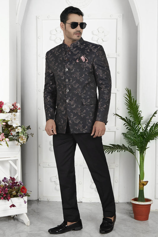 Thread Work Jacquard Silk Jodhpuri Suit In Black Colour For Men