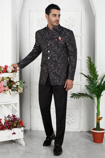 Thread Work Jacquard Silk Jodhpuri Suit In Black Colour For Men