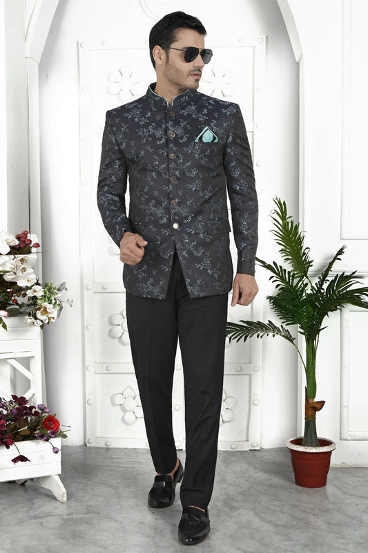 Thread Work Jacquard Silk Jodhpuri Suit In Black Colour For Men