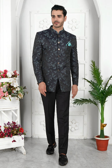 Thread Work Jacquard Silk Jodhpuri Suit In Black Colour For Men