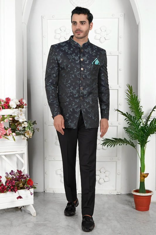 Thread Work Jacquard Silk Jodhpuri Suit In Black Colour For Men